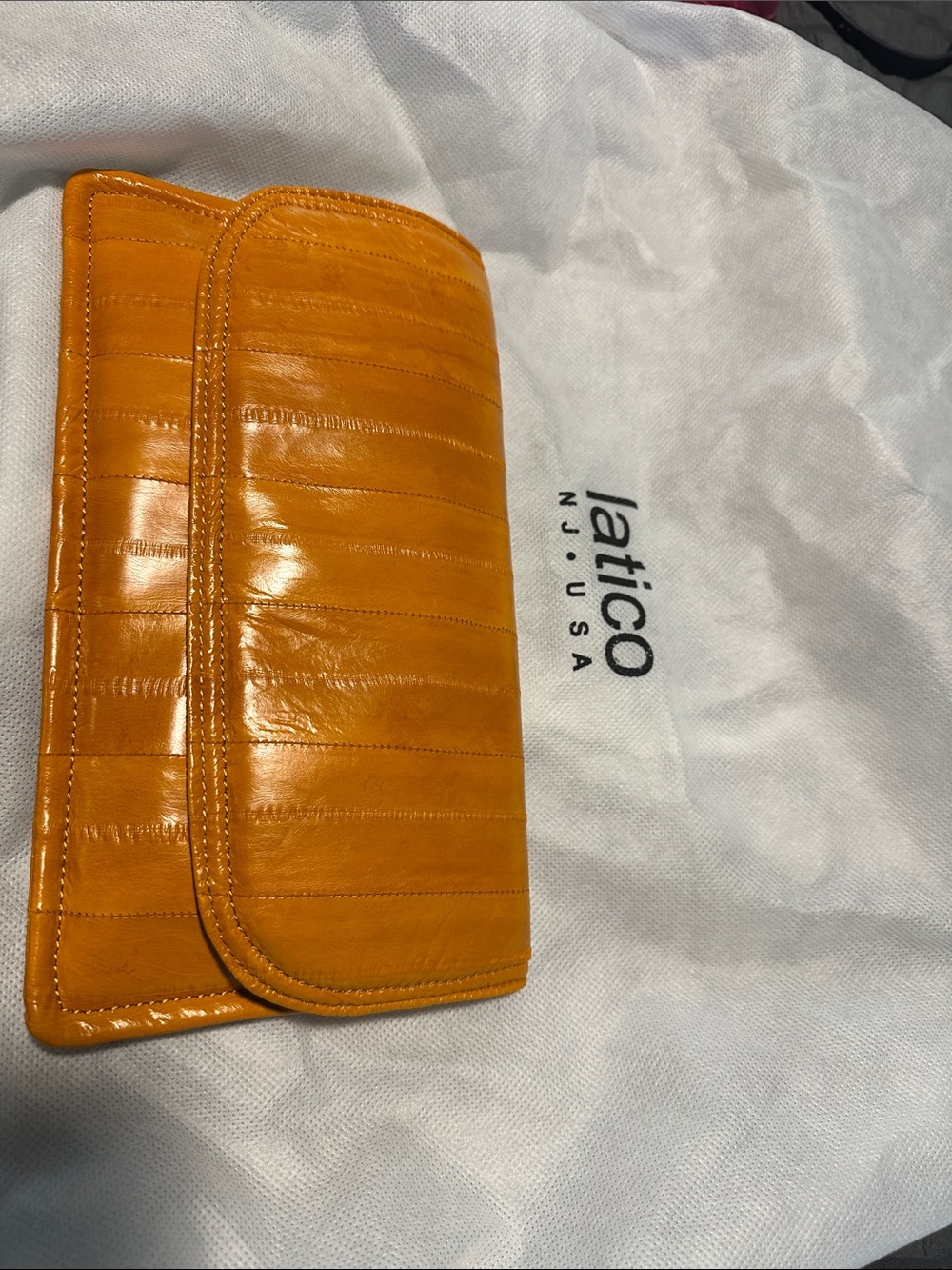 Latico Orange Glossy Leather “Eel skin”Clutch Wallet